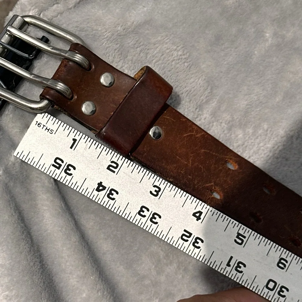 Vintage Brown Leather Double Prong Roller Buckle Adjustable Belt Mens 30-36